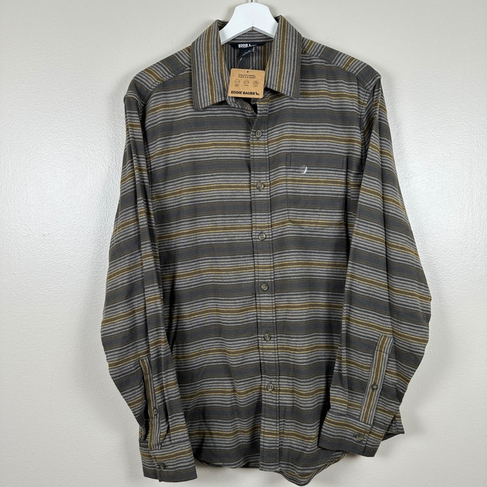 Eddie Bauer Men's M Field Flannel Flex 2.0 Shirt Dark Fatigue Striped NEW